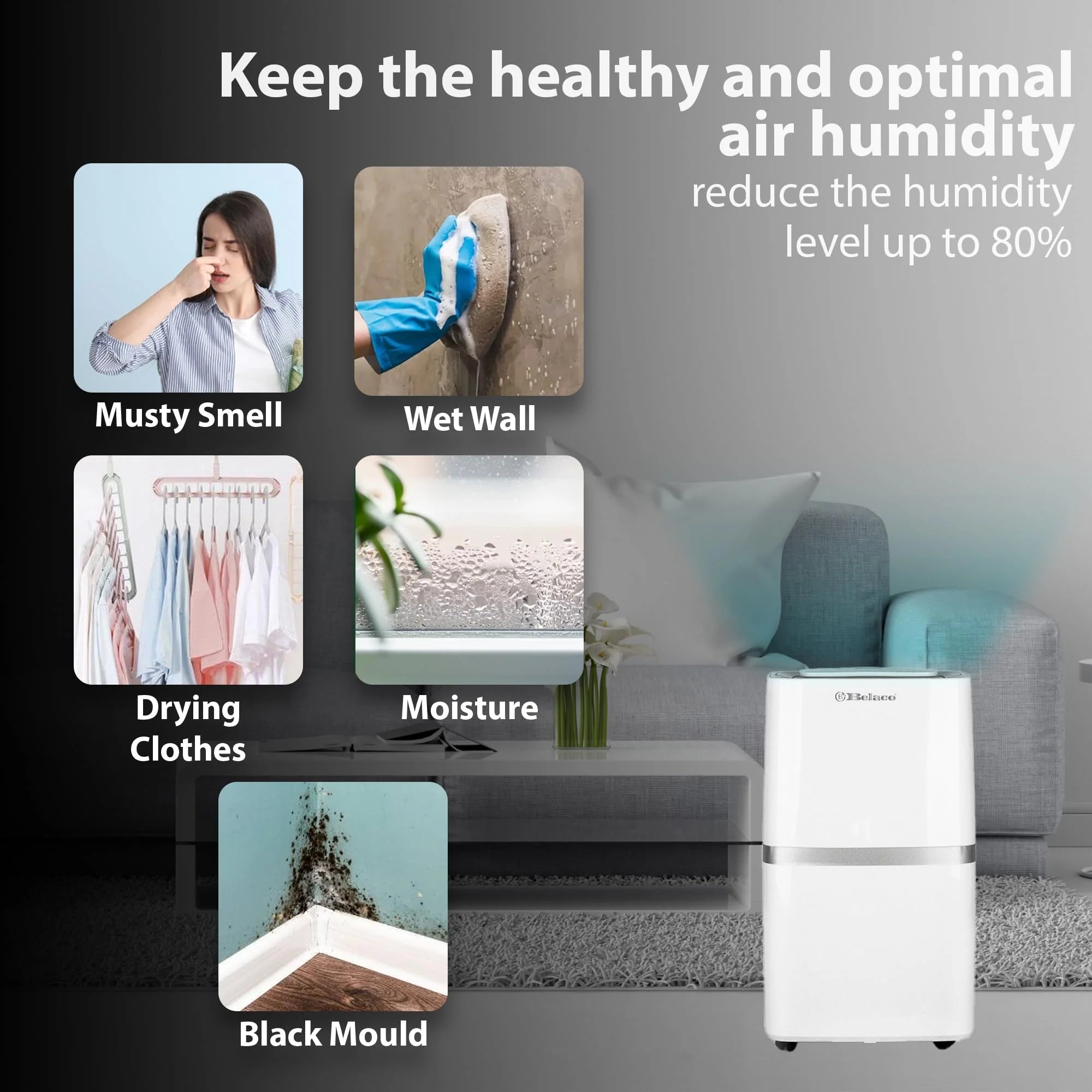 Belaco 20L/Day Dehumidifier, Portable Dehumidifiers for Home